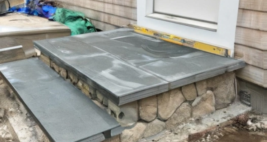 Elegant bluestone steps leading to the front door of a charming home in Dennis, Massachusetts, surrounded by manicured landscaping and blooming flowers.