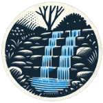 Waterfall feature with cascading water surrounded by plants in a backyard oasis designed by Cape Cod Hardscapes