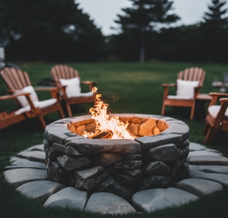 Cozy fire pit surrounded by Adirondack chairs on a beach, with ocean waves in the background at sunset.