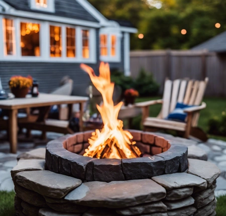 Family gathering around a circular fire pit with seating stones in a suburban backyard, under a starry night sky.
