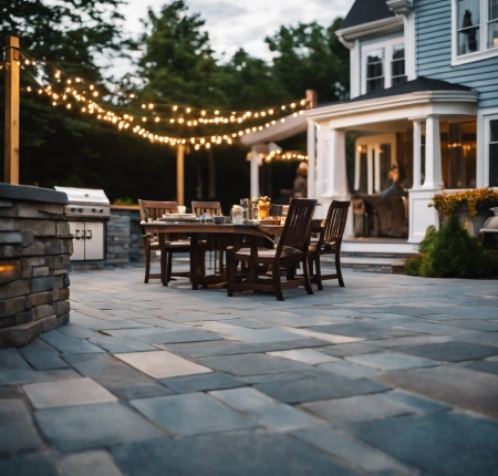 Modern outdoor kitchen with a sleek design, featuring a gas grill, concrete countertops, and bar seating overlooking a pool and landscaped garden.
