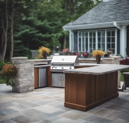 Cozy outdoor kitchenette with a built-in barbecue grill, compact fridge, and tile backsplash, perfect for small patio spaces in urban settings.