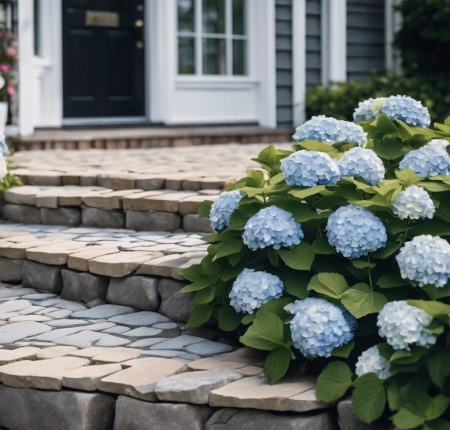 Elegant stone walkway with intricate patterns leading through a manicured garden in a suburban backyard.