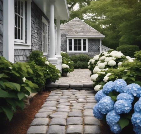 Rustic stone pathway bordered by vibrant flowers and shrubs, winding through a peaceful countryside garden.