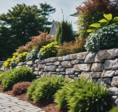 Rustic stone wall with moss-covered stones in a Cape Cod neighborhood, blending seamlessly with the coastal landscape.