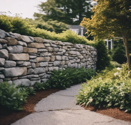 Elegant stone boundary wall in a Cape Cod neighborhood, bordered by flowering shrubs and under a clear blue sky.