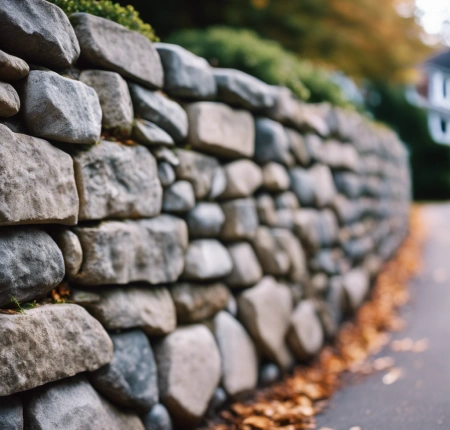 Contemporary stone retaining wall in a Cape Cod neighborhood, providing both aesthetic appeal and functional support for the landscaped terrain.