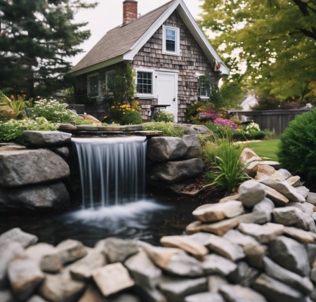 Artistic backyard water feature with sculptural elements, including spouts and a reflective pool, creating a modern focal point in an urban outdoor space.