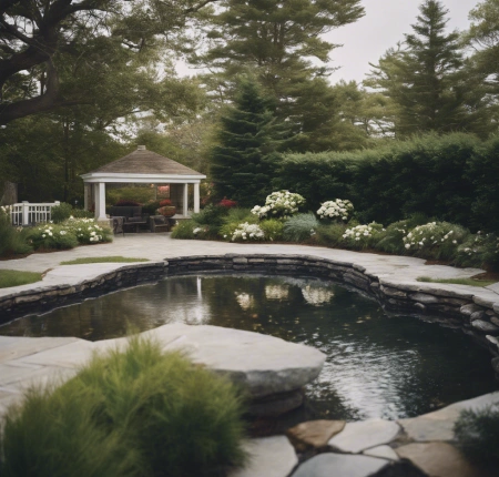 Tranquil backyard water feature with a tiered fountain surrounded by paving stones and ornamental grasses, adding elegance to a Mediterranean-inspired garden.